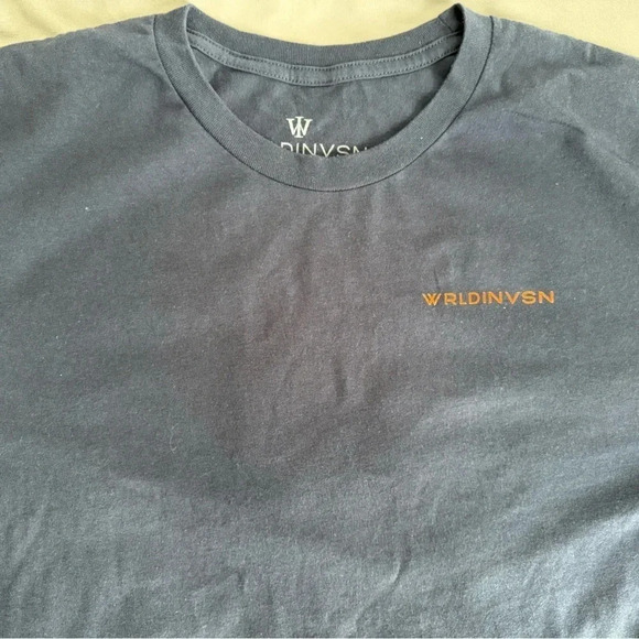 WRLDINVSN Men's Blue/Orange Trust In Your VSN Graphic Logo T shirt size large - Picture 3 of 4